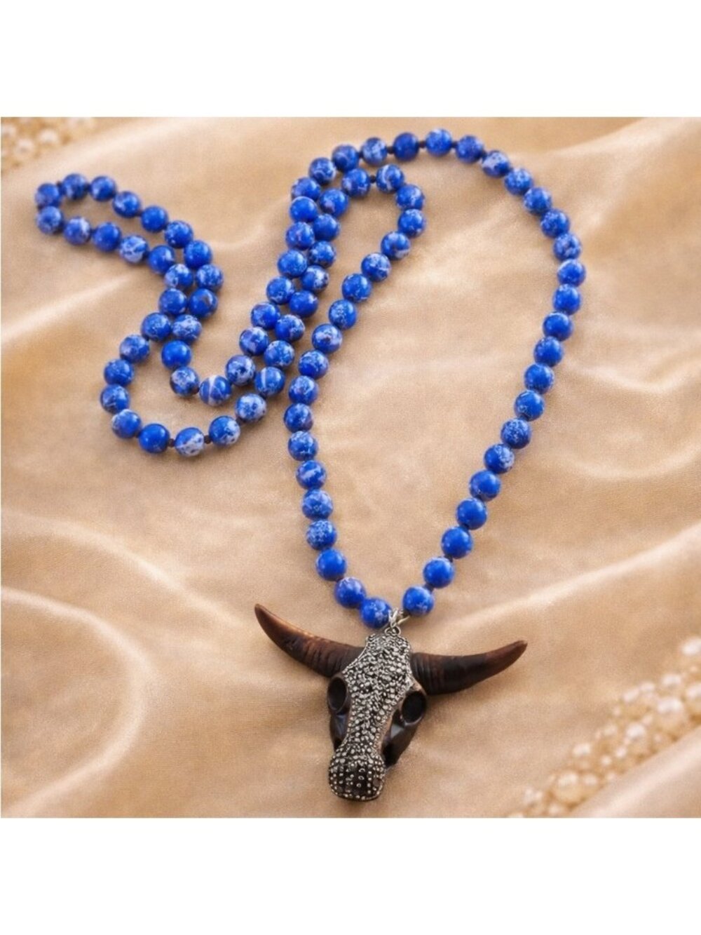 Lapis Lazuli Bull Skull Long Knitted Necklace FINE CRAFTMANSHIP